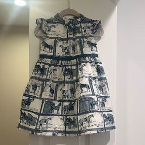 Janie and Jack Cream Dress with Teal Horse Print and Ruffle Shoulders
